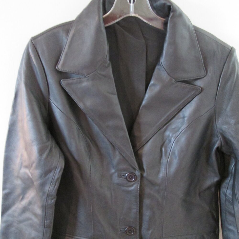 Two Button Notch Lapel Black Leather Blazer Jacket Sz M/L - Picture 8 of 10